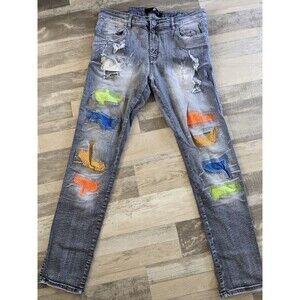 Men's Focus Gray Patched Distressed Painted Skinny Jeans Size 36x32 Street Wear